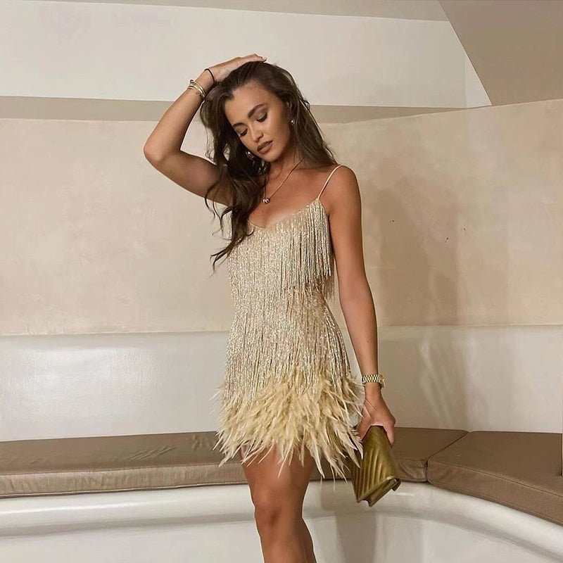 LARKSPUR Women's Fringe Feather Mini Dress