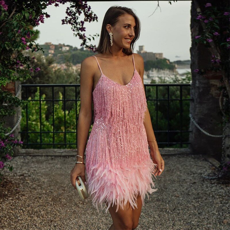 LARKSPUR Women's Fringe Feather Mini Dress