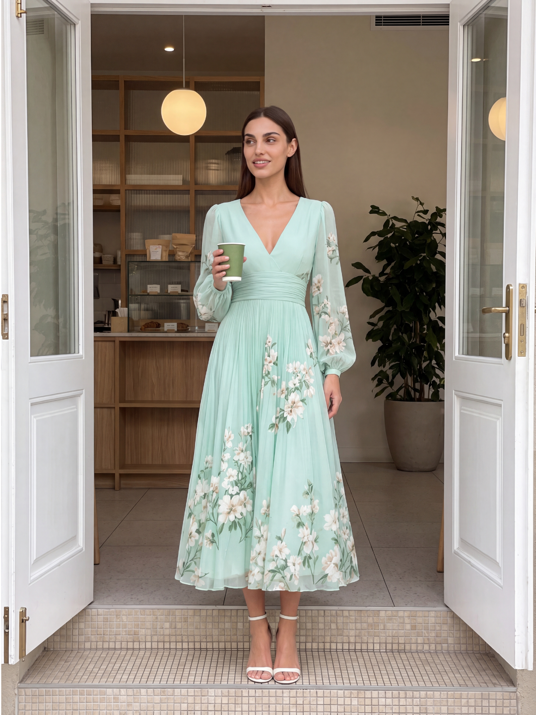 DEIRDRE Women's Floral V-Neck Lantern Sleeve Pleated Midi Dress