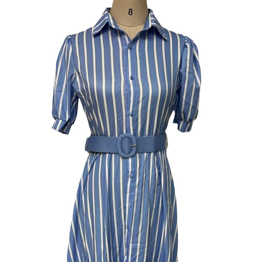 AMBERVALE Women's Short Sleeve Striped Belted Maxi Shirt Dress