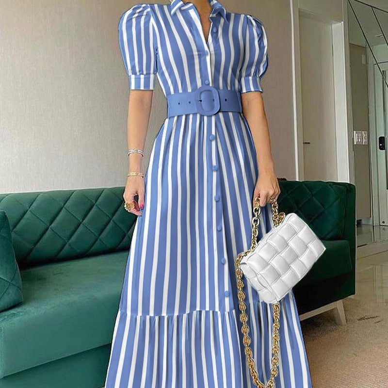AMBERVALE Women's Short Sleeve Striped Belted Maxi Shirt Dress