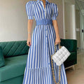 AMBERVALE Women's Short Sleeve Striped Belted Maxi Shirt Dress