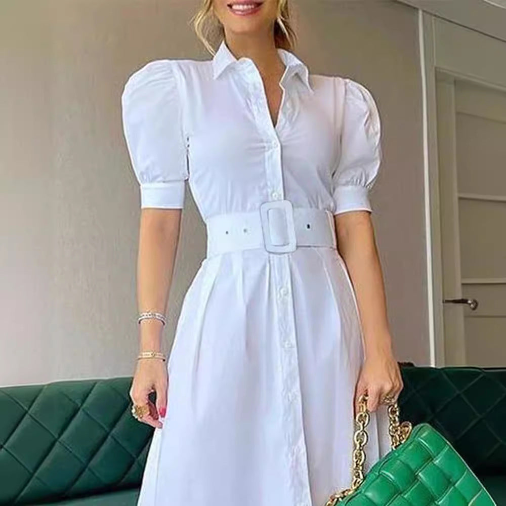 AMBERVALE Women's Short Sleeve Striped Belted Maxi Shirt Dress