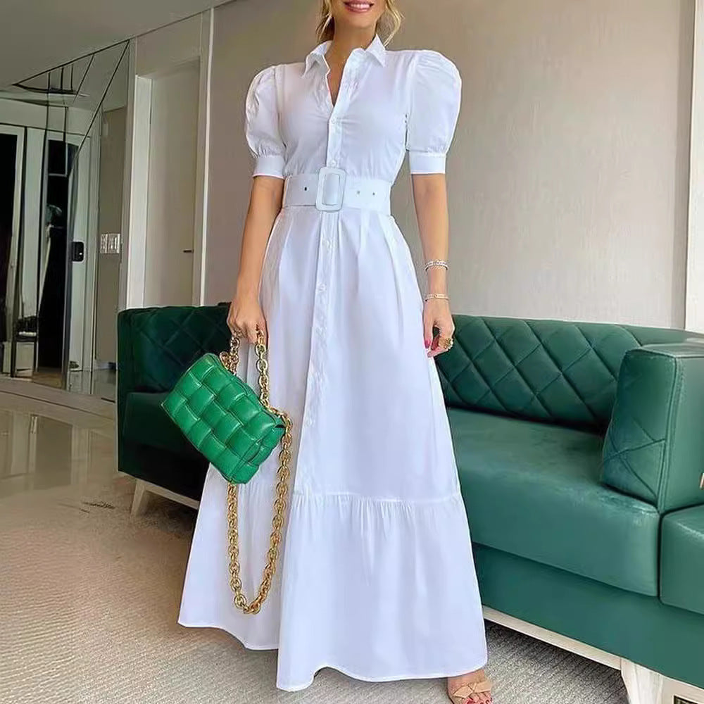 AMBERVALE Women's Short Sleeve Striped Belted Maxi Shirt Dress