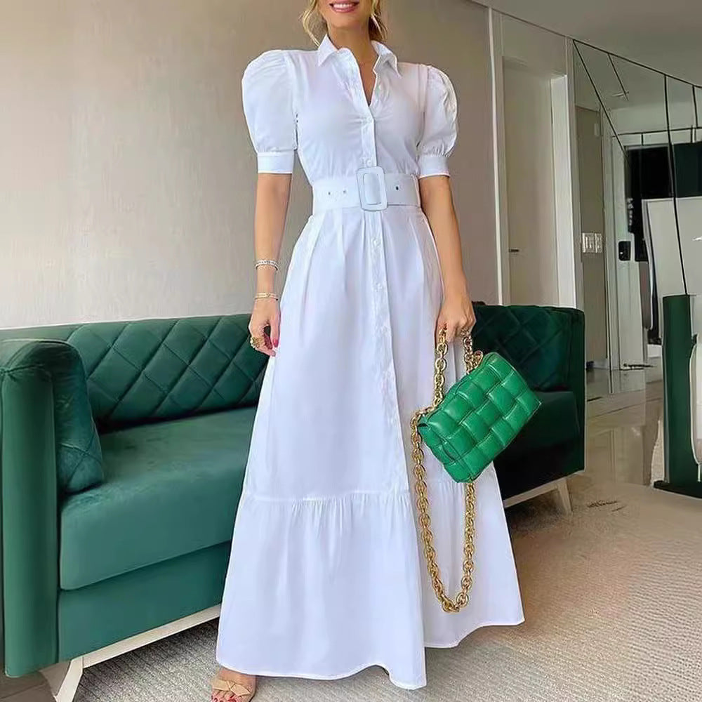 AMBERVALE Women's Short Sleeve Striped Belted Maxi Shirt Dress