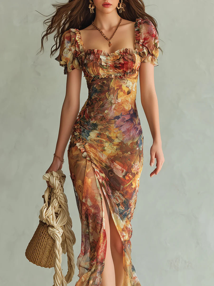 THEODOSIA Women's Short Sleeve Floral Print Ruched Maxi Dress