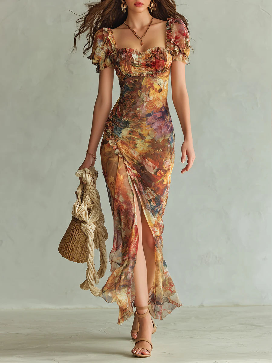 THEODOSIA Women's Short Sleeve Floral Print Ruched Maxi Dress