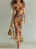 THEODOSIA Women's Short Sleeve Floral Print Ruched Maxi Dress