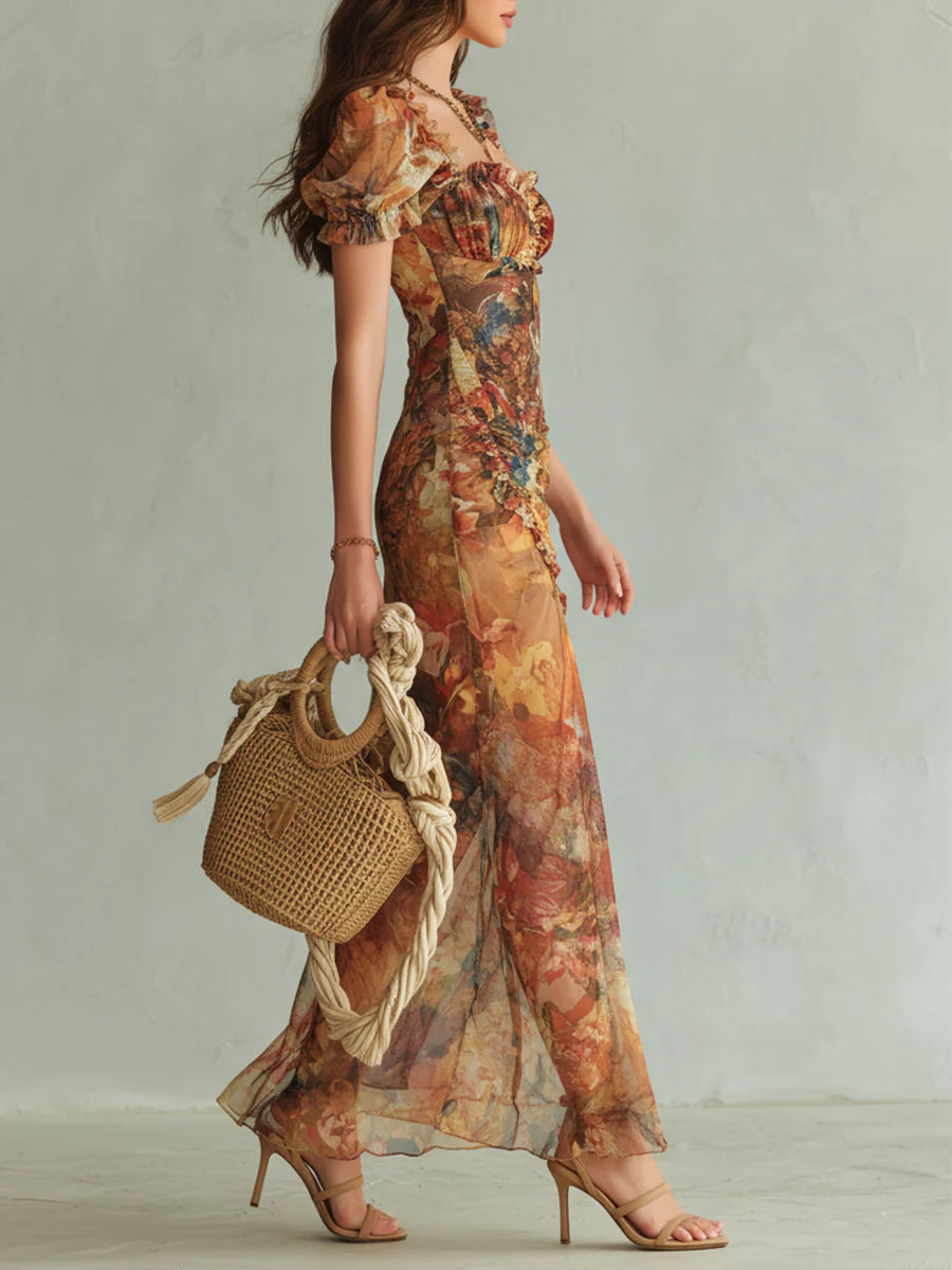 THEODOSIA Women's Short Sleeve Floral Print Ruched Maxi Dress