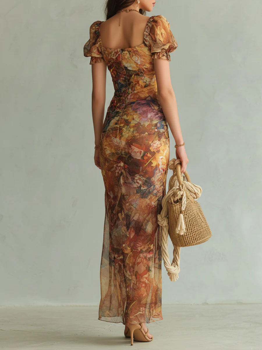 THEODOSIA Women's Short Sleeve Floral Print Ruched Maxi Dress