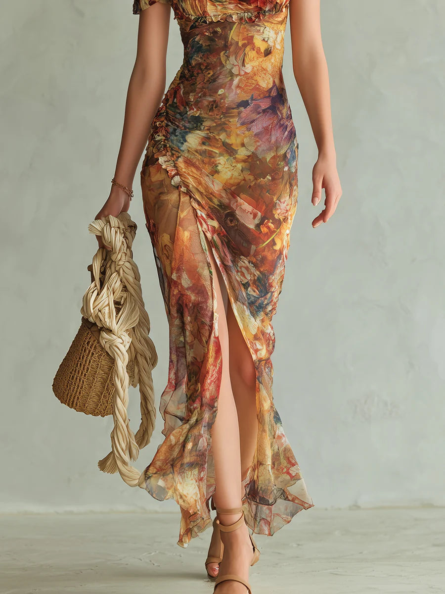 THEODOSIA Women's Short Sleeve Floral Print Ruched Maxi Dress