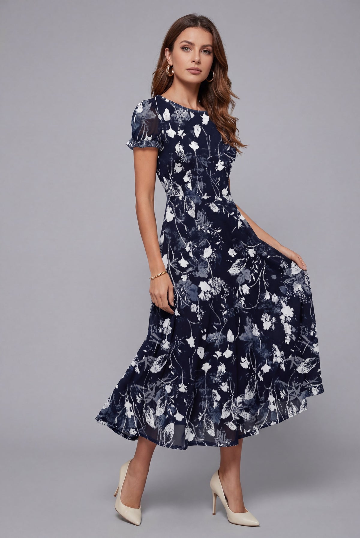 ORSOLYA Women's Short Sleeve Floral Print Midi Dress