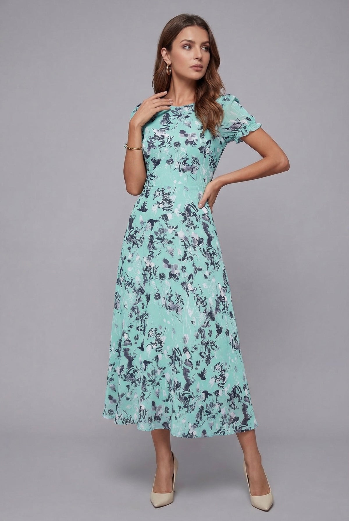 ORSOLYA Women's Short Sleeve Floral Print Midi Dress