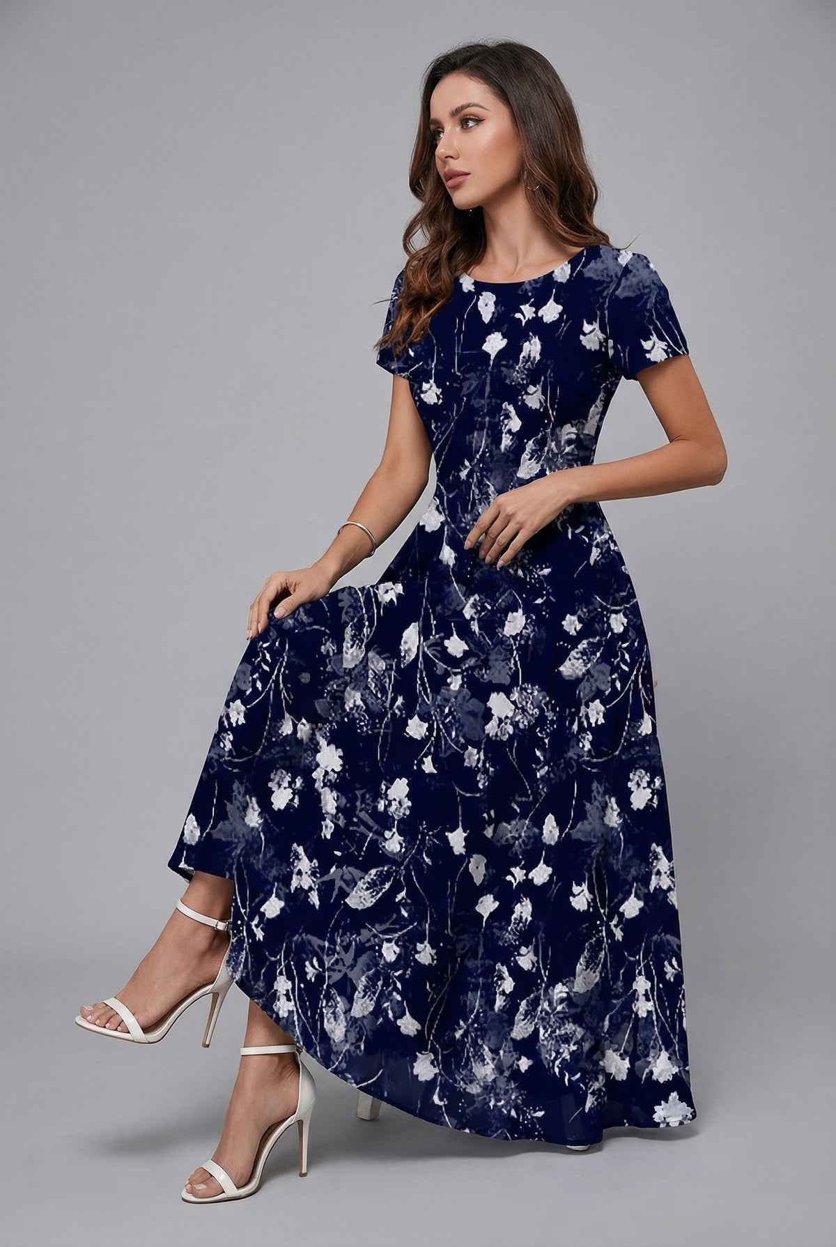 ORSOLYA Women's Short Sleeve Floral Print Midi Dress