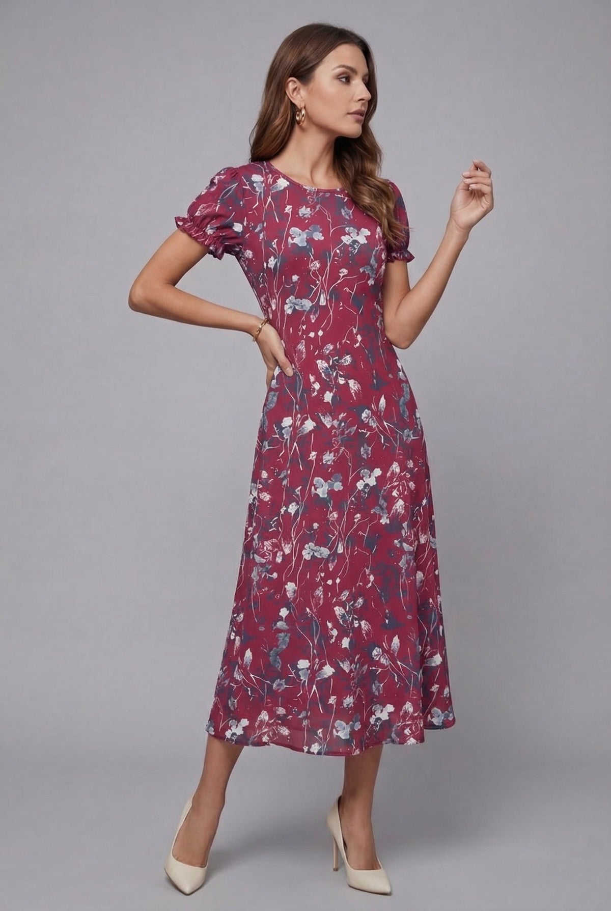 ORSOLYA Women's Short Sleeve Floral Print Midi Dress