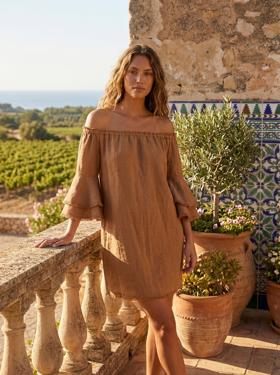 AMBERLYNN Women's Off-the-Shoulder Tiered-Sleeve Linen Shift Dress