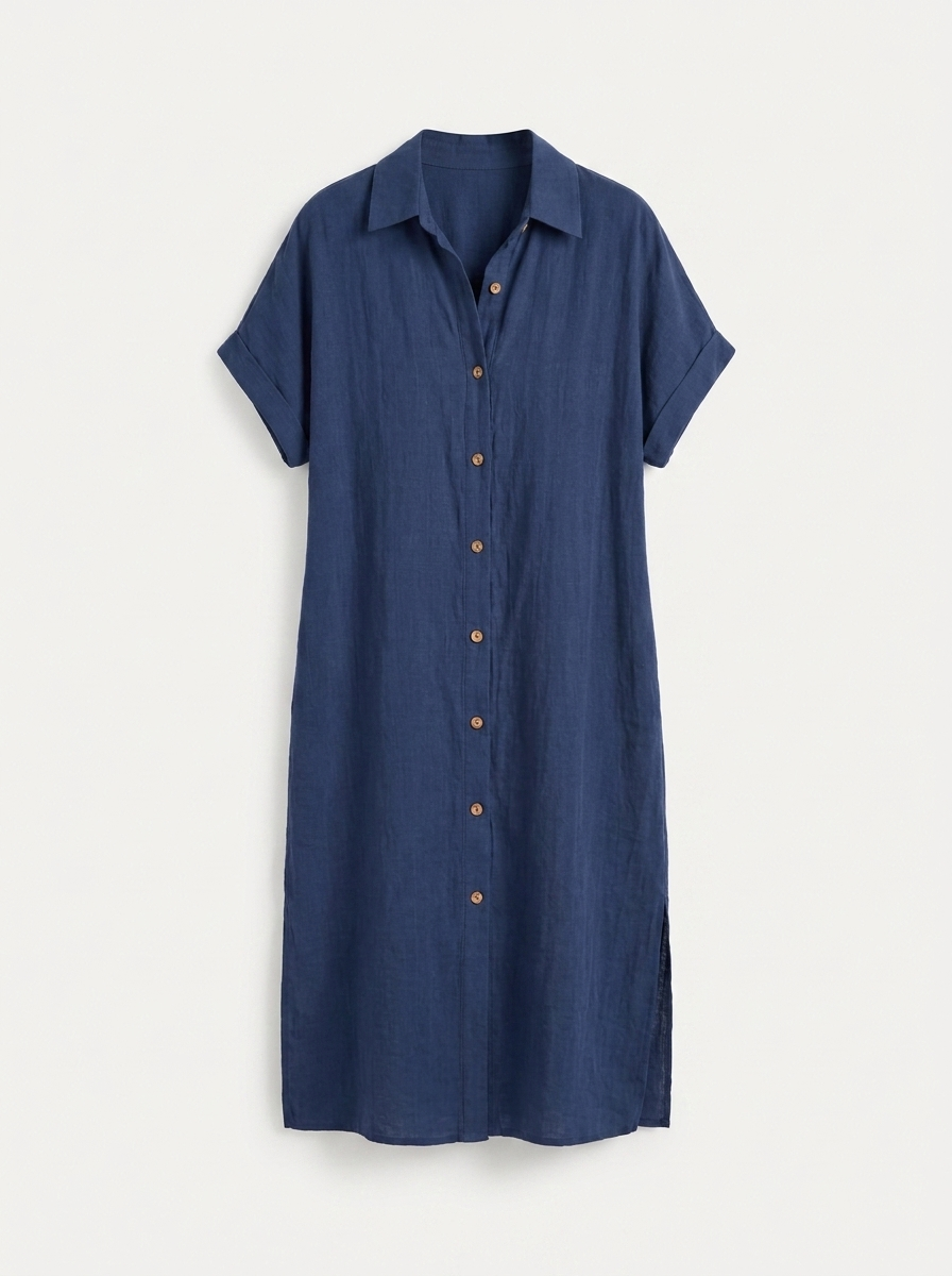 HOLLOWELL Women's Short-Sleeve Linen Button-Down Shirt Dress with Pockets