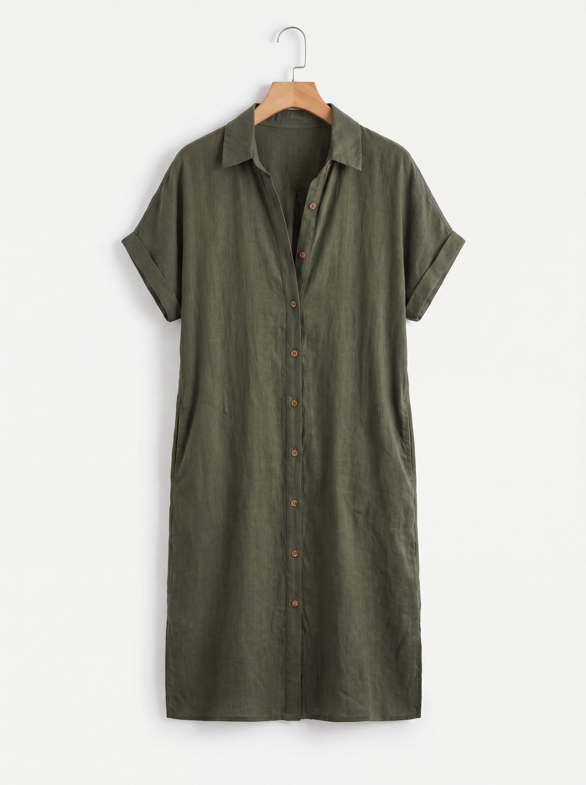 HOLLOWELL Women's Short-Sleeve Linen Button-Down Shirt Dress with Pockets